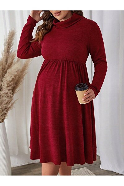 NO BRAND Rochie tricotată evazată, culoare bordo, cu guler rulat, model melan...