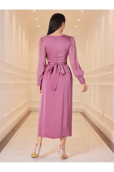 NO BRAND Rochie de satin roz, mâneci lungi, uni, maxi, Shein 40/42