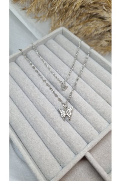 ZEYKU ACCESSORİES Silver Color Steel Zircon Stone Butterfly Figured Double Women's Necklace - Tarnish Resistant Steel Jewelry