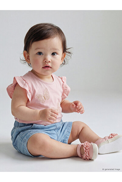 LC Waikiki Trendlucky Girl's T-Shirt with Embroidered Ruffles and Oval Collar...
