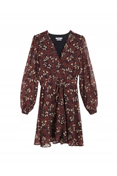 NO BRAND Rochie mini cu cordon, grena, mânecă lungă, cu imprimeu, clasică, m