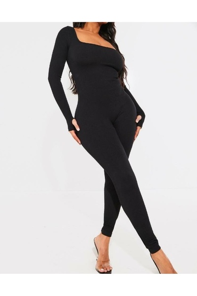 NO BRAND Prettylittlething Salopetă lungă mulată, neagră, reiată, mărimea S