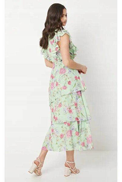 NO BRAND Model clasic de rochie verde cu flori colorate, mânecă scurtă, Oasis 42