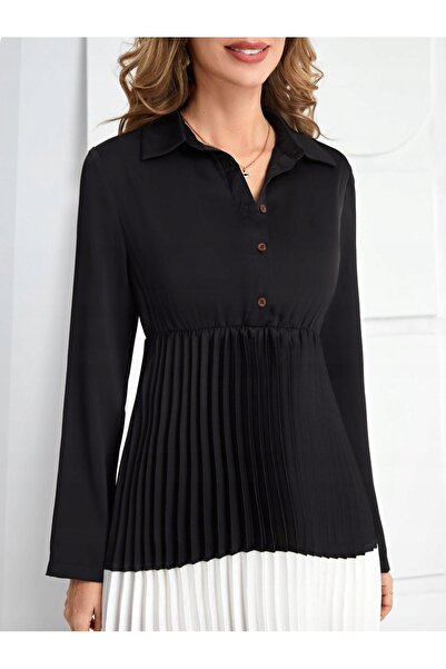 NO BRAND Rochie neagră elegantă, plisată, cu mânecă lungă, clasică, Emery Ros...