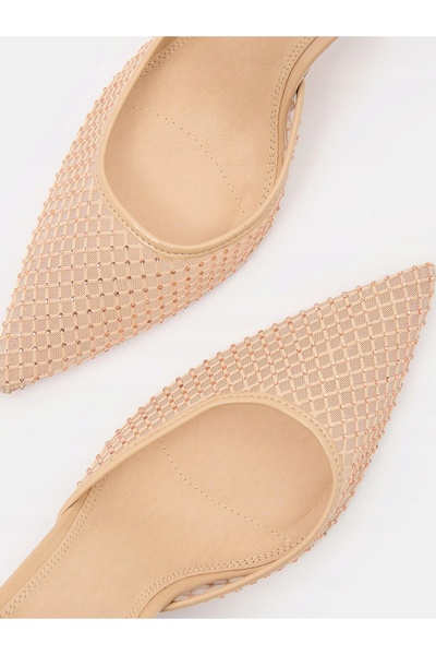 NO BRAND Pantofi stiletto Bezowe cu plasă și mărgele, vârf ascuțit, 39