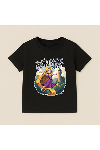 Rapunzel Baskılı PREMİUM Bisiklet Yaka %100 Pamuk kısa kollu Çocuk Tshirt - E10074