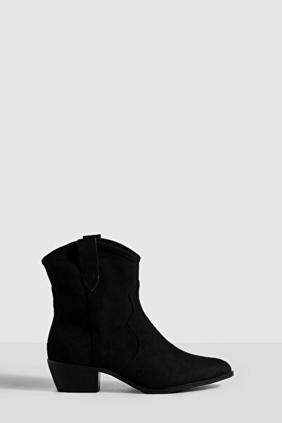 NO BRAND Botine cowboy negre, cu toc mic, tip slip-on, brodate, cu vârf ascuț...