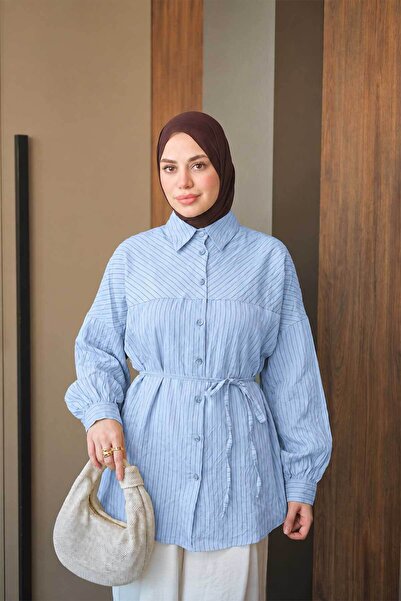 LOCCO Women's Asymmetrical Striped Shirt Light Blue