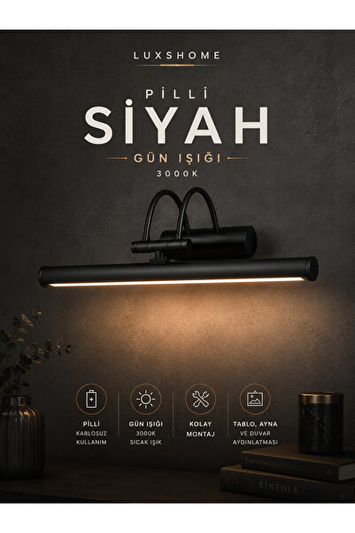 luxshome Pilli Mat Siyah Gün Işığı Kuğu Aplik Ayna Üstü Aydınlatma Duvar Tabl...