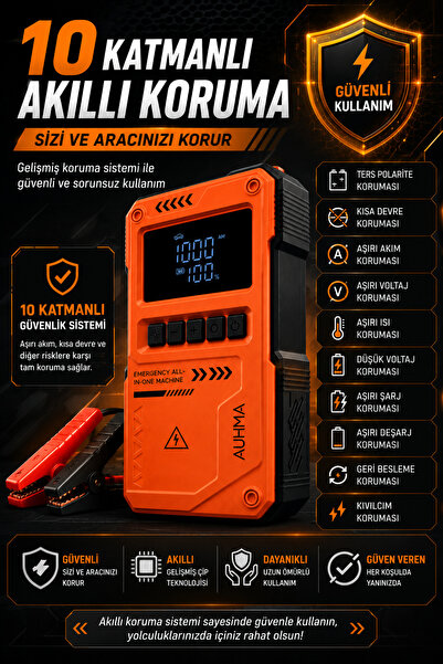 Merwish Akü Takviye Cihazı 1000A Peak Akım 4'ü 1 Arada 150 PSI Hava Kompresörü 10000mAh Powerbank LED El Feneri