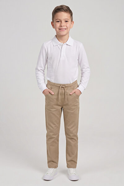 nacar çarşı Boys' White Long Sleeve Polo Collar T-Shirt Beige Ribbed Waist Ca...