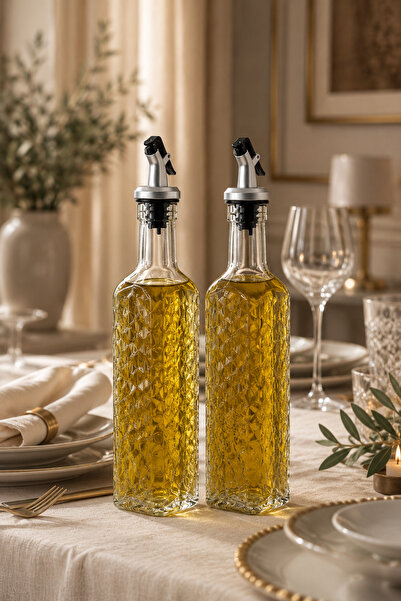KLARHAUS Diamond Double Square Embossed Glass Oil Pot Set 500 ml – Vinegar an...