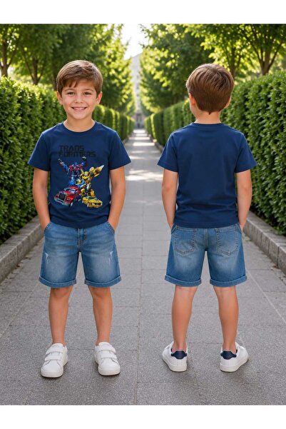Hafez Kids Boys' Transformers Printed T-Shirt 4-Pocket Denim Shorts Two-Piece...