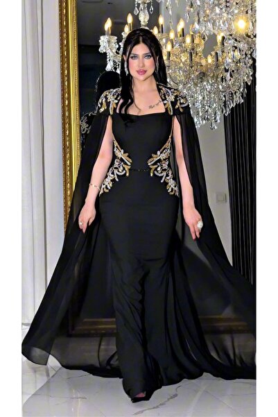 ZENABİYEM Zena Fashion Bel ve Omuz Lüx İşlemeli Pelerinli Balık Abiye