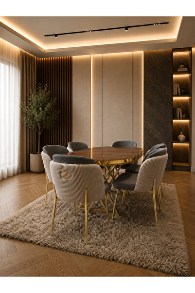 Concept Ayz Home Lara Gold Serisi Krem-Füme Kumaş 6 Kişilik 90×168 Oval Ceviz...