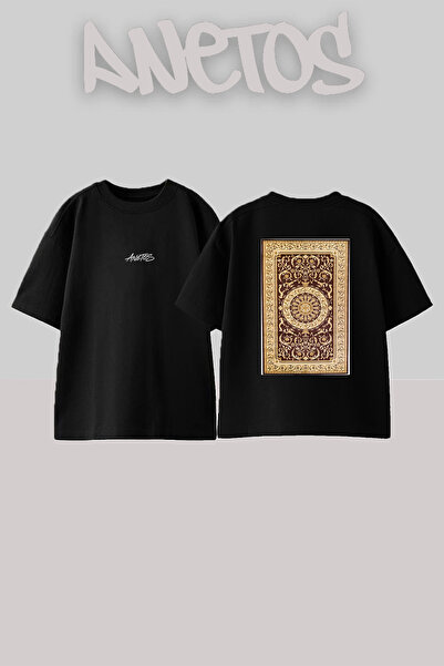 Anetos Oriental Hali_18 Design Back Printed Cotton Black Oversize T-Shirt