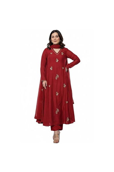 MYSMAR Red Chinon Salwar Kameez & Dupatta Set - ALV2099 | Red-Size-M-38-Inches