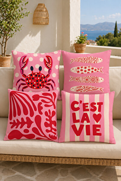 stellahomes Pink Red Sea Themed Decorative Throw Pillow Covers with Crab and ...