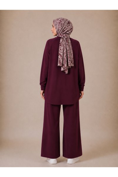 MEYASU Set de top și pantaloni pentru femei, din țesătură modală, cu cusături striate și detaliu cu șliț - Roșu Claret