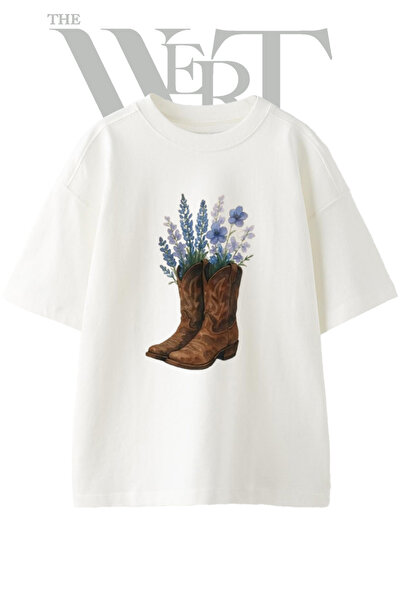 THEWERT Floral Cowboy Boots Design Printed Unisex White Oversize T-Shirt