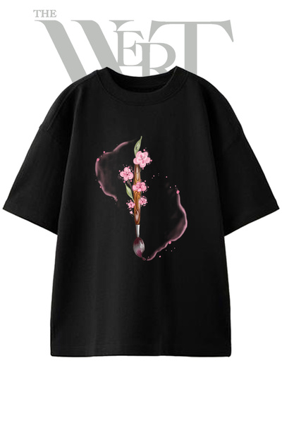 THEWERT Firca Sakura Design Printed Unisex Black Oversize T-Shirt