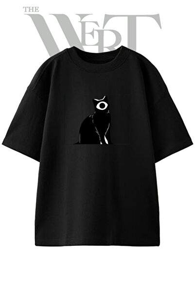 THEWERT Μπλουζάκι Unisex με στάμπα One-Eyed Cat Design σε μαύρο χρώμα oversize