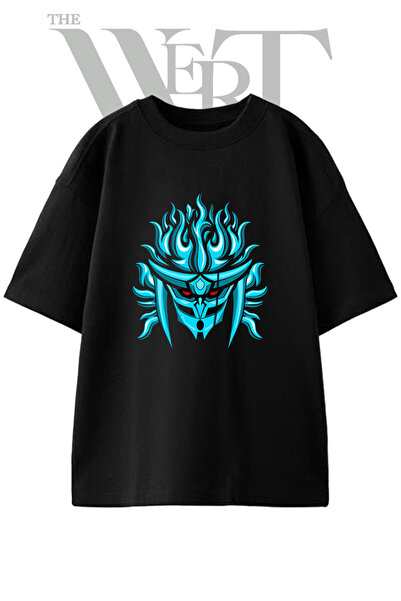 THEWERT Tricou oversize negru unisex cu imprimeu Oni Mask Design