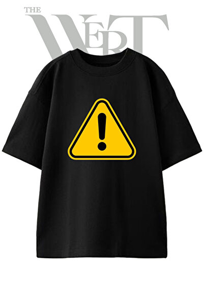THEWERT Tricou oversize negru unisex cu imprimeu cu design cu semne de averti...