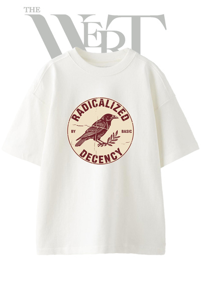 THEWERT Raven Olivebranch Design Printed Unisex White Oversize T-Shirt