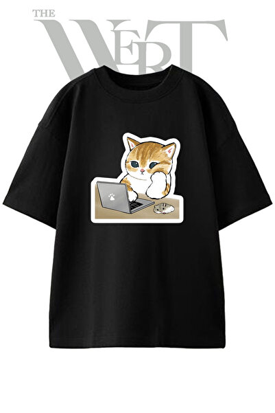 THEWERT Μπλουζάκι με σχέδιο Cat Laptop, τυπωμένο Unisex, μαύρο, oversize