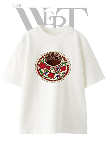 THEWERT Turkish Coffee Dance Design Printed Unisex White Oversize T-Shirt
