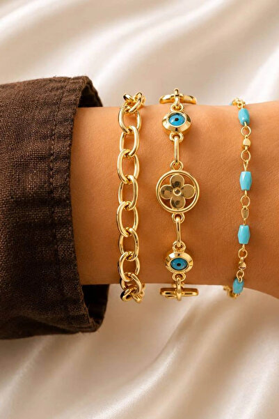 Kokoş Blue Detail Chain Detailed 3-Piece Bracelet Set
