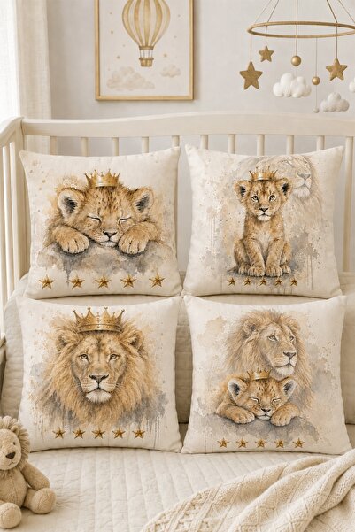 EVPANYA Kıral Lion and Son Patterned 4-Piece Children's and Baby Pillowcase Set