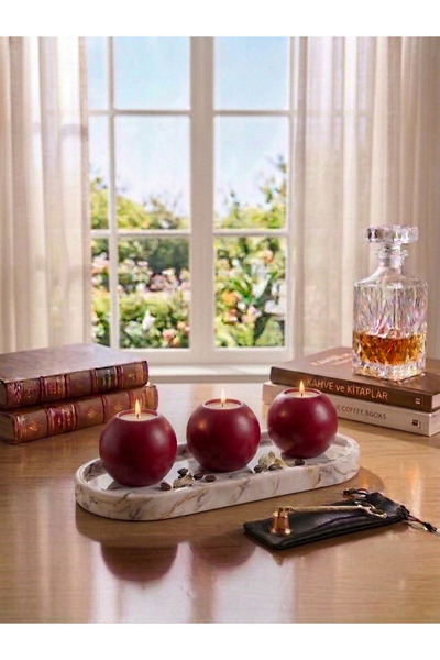 LUNİVAA HOME Dekoratif Mermer Desenli Oval Tepsi ve 3'lü Yuvarlak Top Mumluk ...