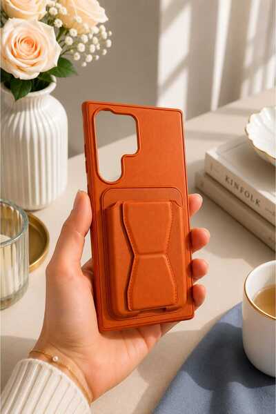 Case SAMSUNG GALAXY S24 ULTRA TURUNCU Deri Standlı Kılıf