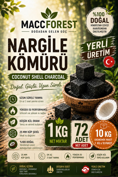 MaccForest 10 Kg Nargile Kömürü 72 Adet Hindistan Cevizi Kabuğu Kömürü 25 mm ...