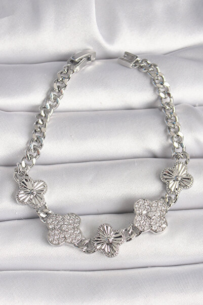 Mega Bazaar Brass Silver Color Chain Clover Model Women's Bracelet