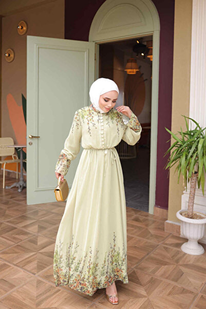 İmajButik Oil Green Elastic Waist Patterned Dress