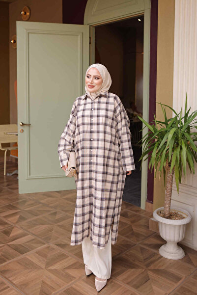 İmajButik Тъмносиня карирана дълга свободна туника