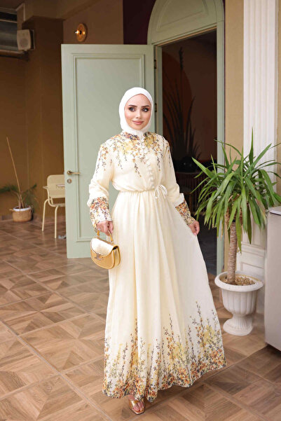 İmajButik Yellow Patterned Dress with Elastic Waist