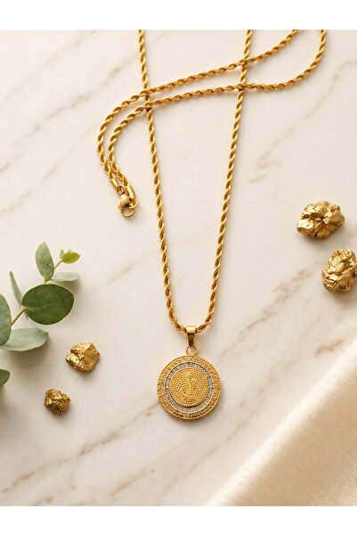Antik Desenli Madalyon Gold Kolye