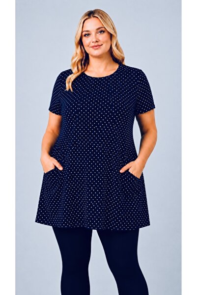 HÜLYA BUTİK Women's Plus Size Navy Blue Polka Dot Double Pocket Short-Sleeved...