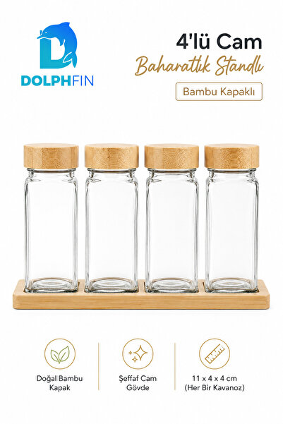 DolphFin طقم توابل زجاجي مكون من 4 قطع مع غطاء من الخيزران وحامل مقاس 11x4x4 سم