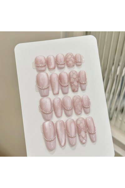 LoreaNails Gül Kurusu Sedefli İnci Detaylı Badem El Yapımı Takma Tırnak L