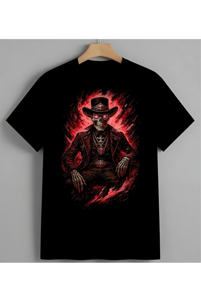 nextstilwear İskelet Kovboy Kizil Ates Syh Unisex Erkek Kadın Oversize Tişört...