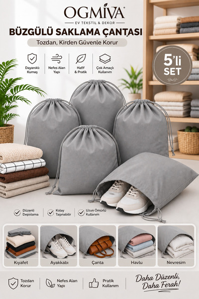 OgMiva 5'li Gri Büzgülü Saklama Çantası 35x45 cm Nefes Alan Ayakkabı Kılıfı T...