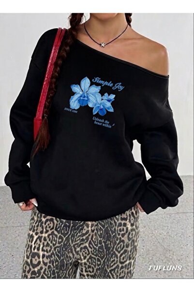FUFLUNS Simple Joy Printed Oversized Women's Boat Neck Sweatshirt