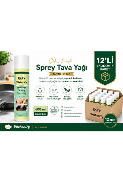 Kitchenify Sprey Tava Yağı 600 ml 12'li Set - Yapışmaz Pişirme Spreyi | Kek Kalıbı, Fırın Tepsisi, Waffle, Tost, Airfry ve Izgara İçin Sprey Yağ