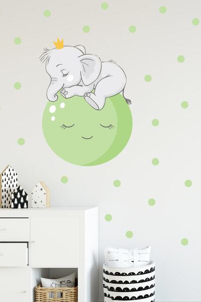 Sim Tasarım Cute Elephant Sleeping on Green Moon - Sim673