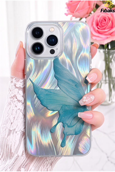 Fibaks iPhone 14 Pro Max / 15 Pro Max Kılıf Parlak Hologram Kelebek Desenli Ş...